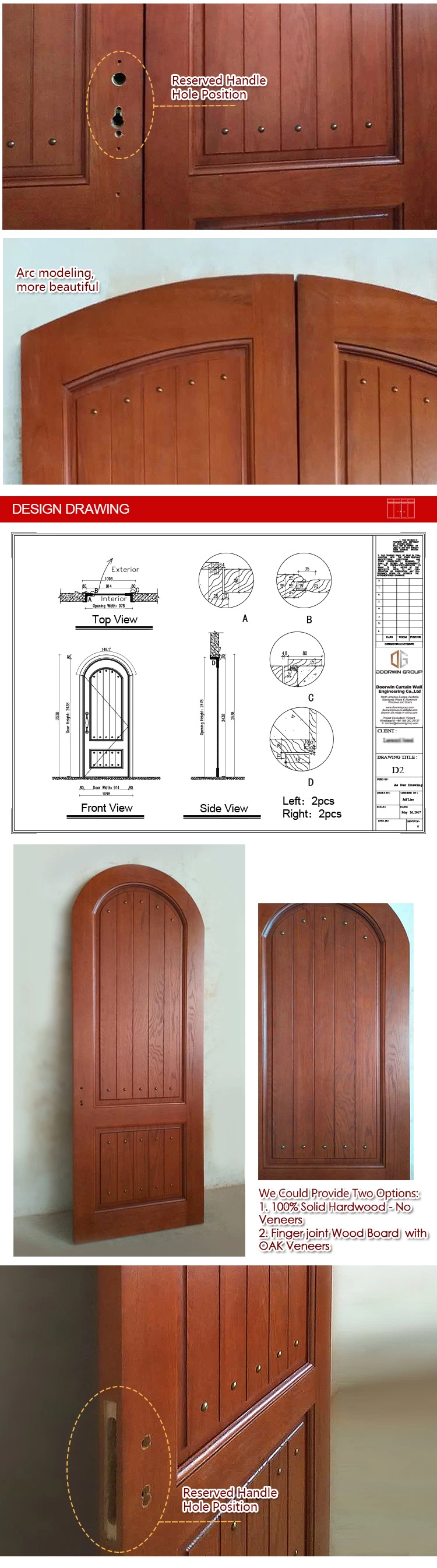 Red Oak Wood Copper Nail Front Entrance Door with Arched Top